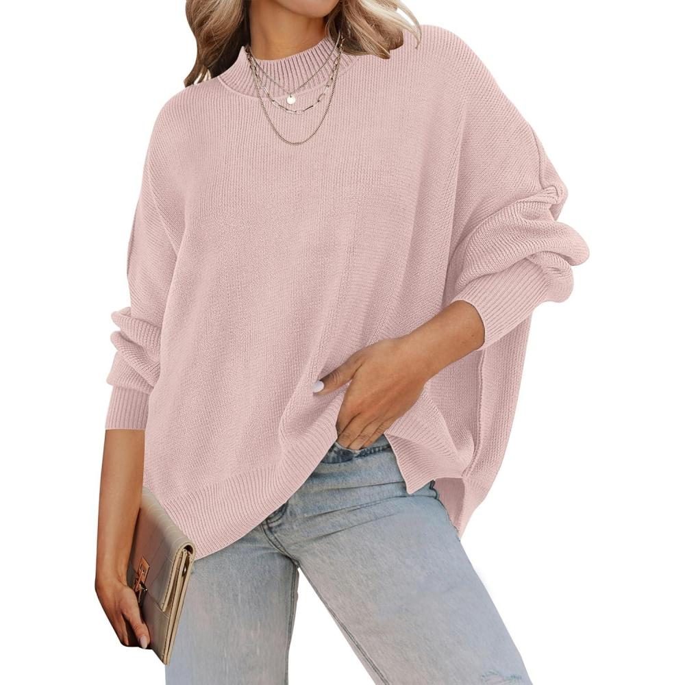 imageZESICA Womens Fall 2026 Casual Long Sleeve Crew Neck Side Slit Oversized Ribbed Knit Pullover Sweater TopsPink
