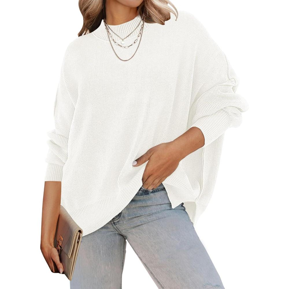 imageZESICA Womens Fall 2026 Casual Long Sleeve Crew Neck Side Slit Oversized Ribbed Knit Pullover Sweater TopsWhite