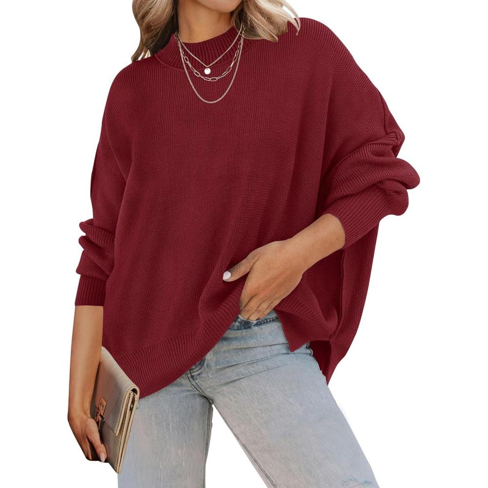 imageZESICA Womens Fall 2026 Casual Long Sleeve Crew Neck Side Slit Oversized Ribbed Knit Pullover Sweater TopsWine