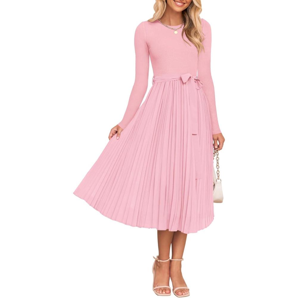 imageZESICA Womens Fall Long Sleeve Midi Dress 2025 Casual Crewneck Knit Belted Pleated A Line Flowy Party DressesLight Pink
