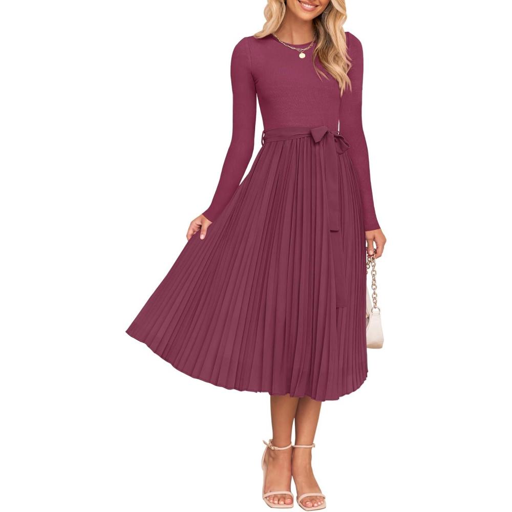 imageZESICA Womens Fall Long Sleeve Midi Dress 2025 Casual Crewneck Knit Belted Pleated A Line Flowy Party DressesPurple Red