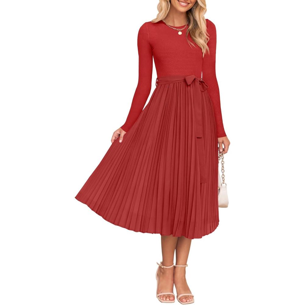 imageZESICA Womens Fall Long Sleeve Midi Dress 2025 Casual Crewneck Knit Belted Pleated A Line Flowy Party DressesRed