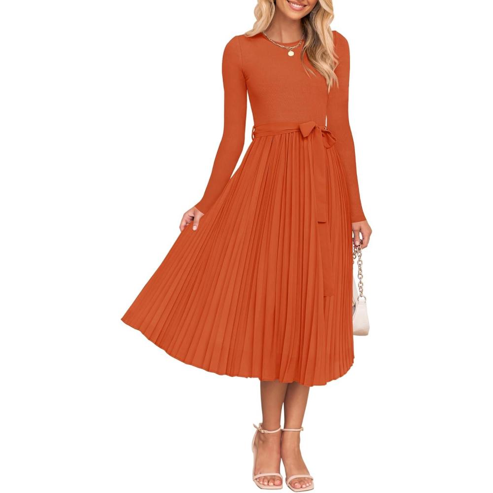 imageZESICA Womens Fall Long Sleeve Midi Dress 2025 Casual Crewneck Knit Belted Pleated A Line Flowy Party DressesRust