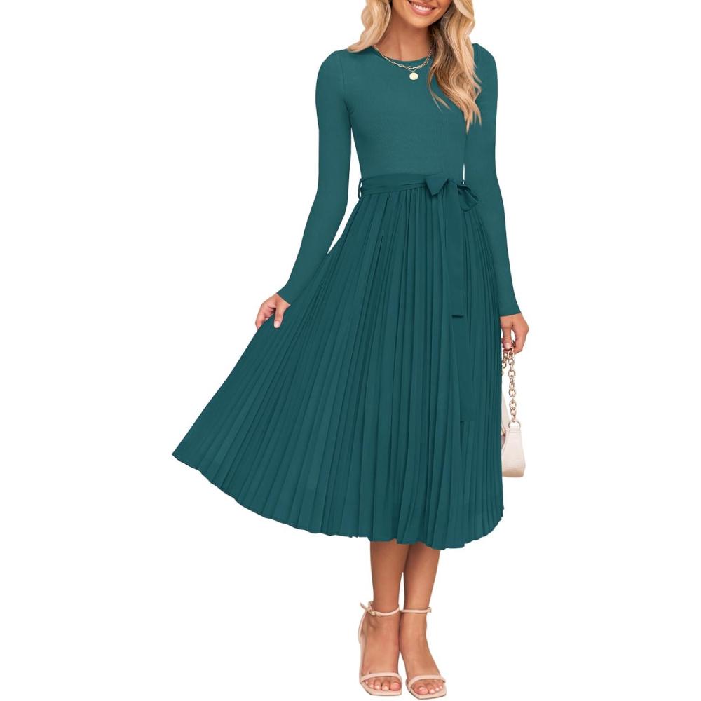 imageZESICA Womens Fall Long Sleeve Midi Dress 2025 Casual Crewneck Knit Belted Pleated A Line Flowy Party DressesTeal