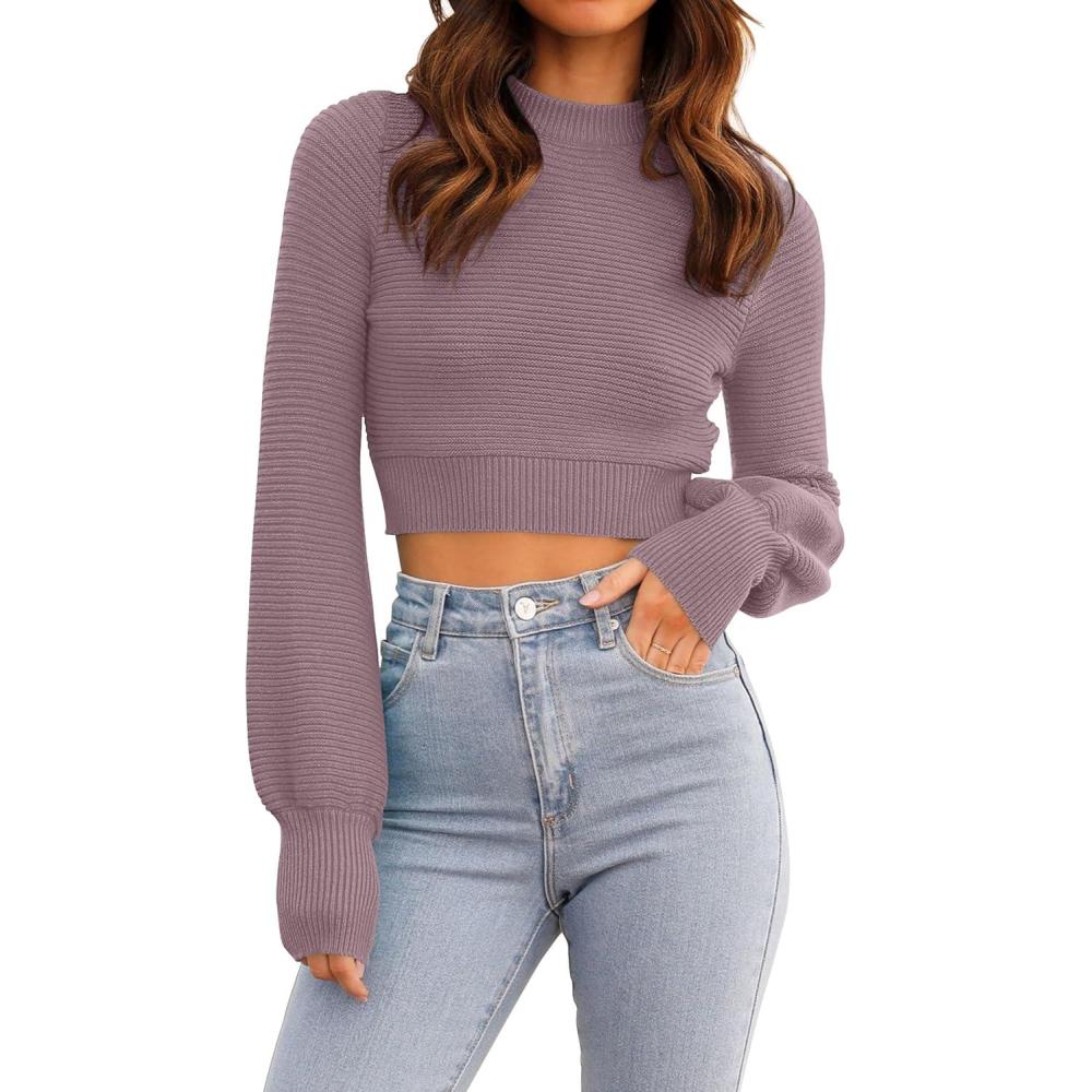 imageZESICA Womens Fall Mock Neck Cropped Sweaters 2026 Long Sleeve Soft Ribbed Knit Pullover Jumper TopsPurple
