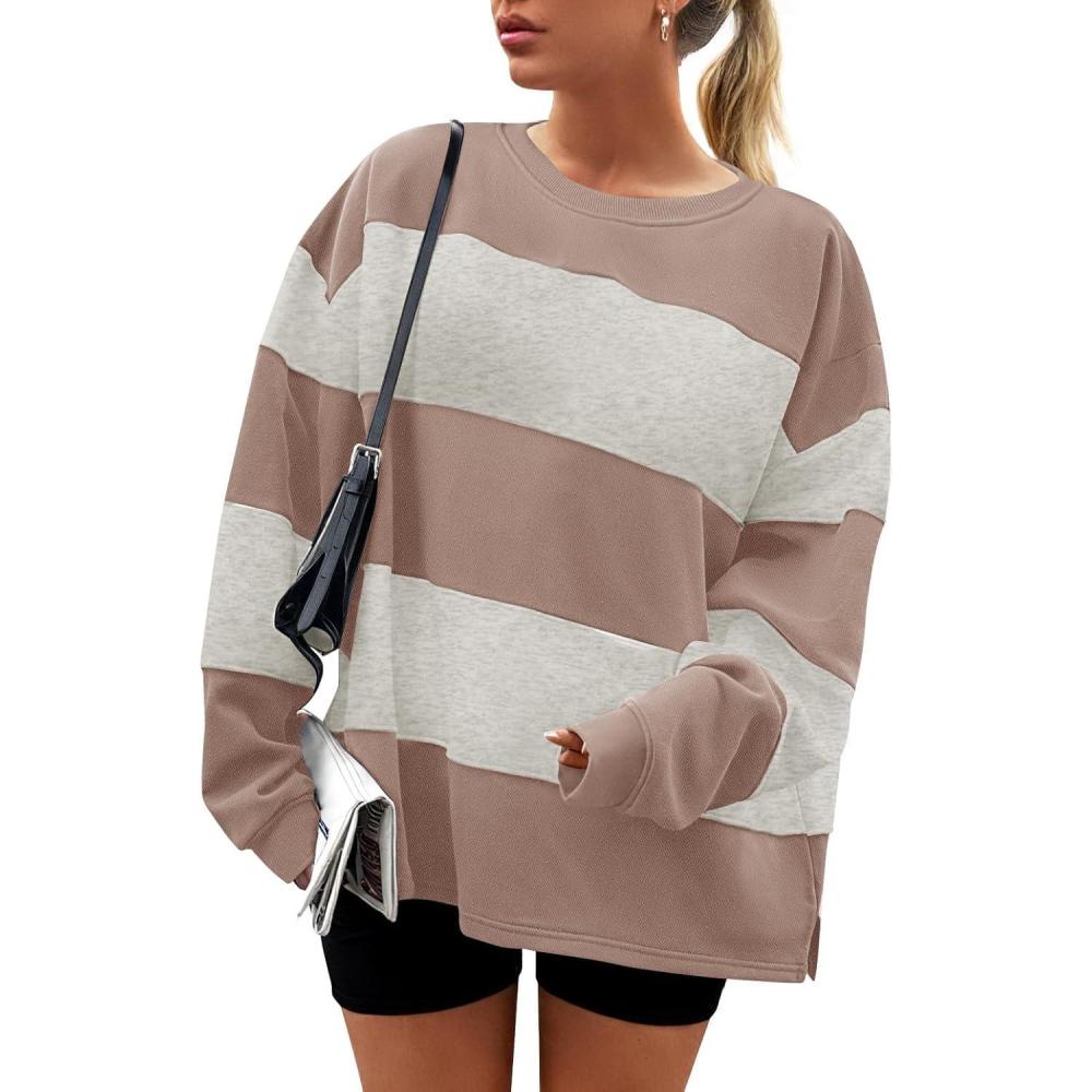 imageZESICA Womens Fall Sweatshirt Tops Crewneck Long Sleeve Loose Oversized Striped Fleece Pullover 2026 ClothesAlmond