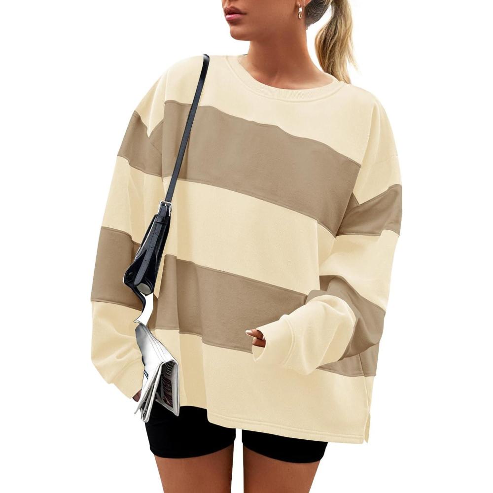 imageZESICA Womens Fall Sweatshirt Tops Crewneck Long Sleeve Loose Oversized Striped Fleece Pullover 2026 ClothesApricot