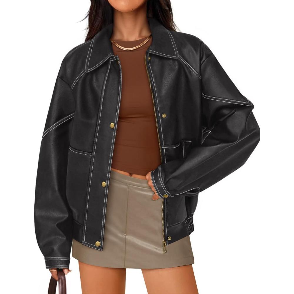 imageZESICA Womens Faux Leather Jacket Oversized Zipper Motorcycle Coats 2026 Spring Fashion Trendy Clothes OutfitsBlack