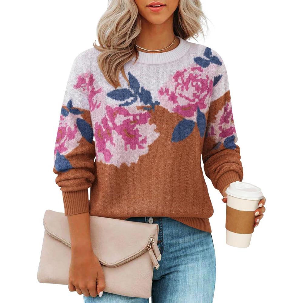 imageZESICA Womens Floral Oversized Sweaters 2026 Fall Crewneck Long Sleeve Casual Chunky Knit Pullover Sweater TopsCaramel