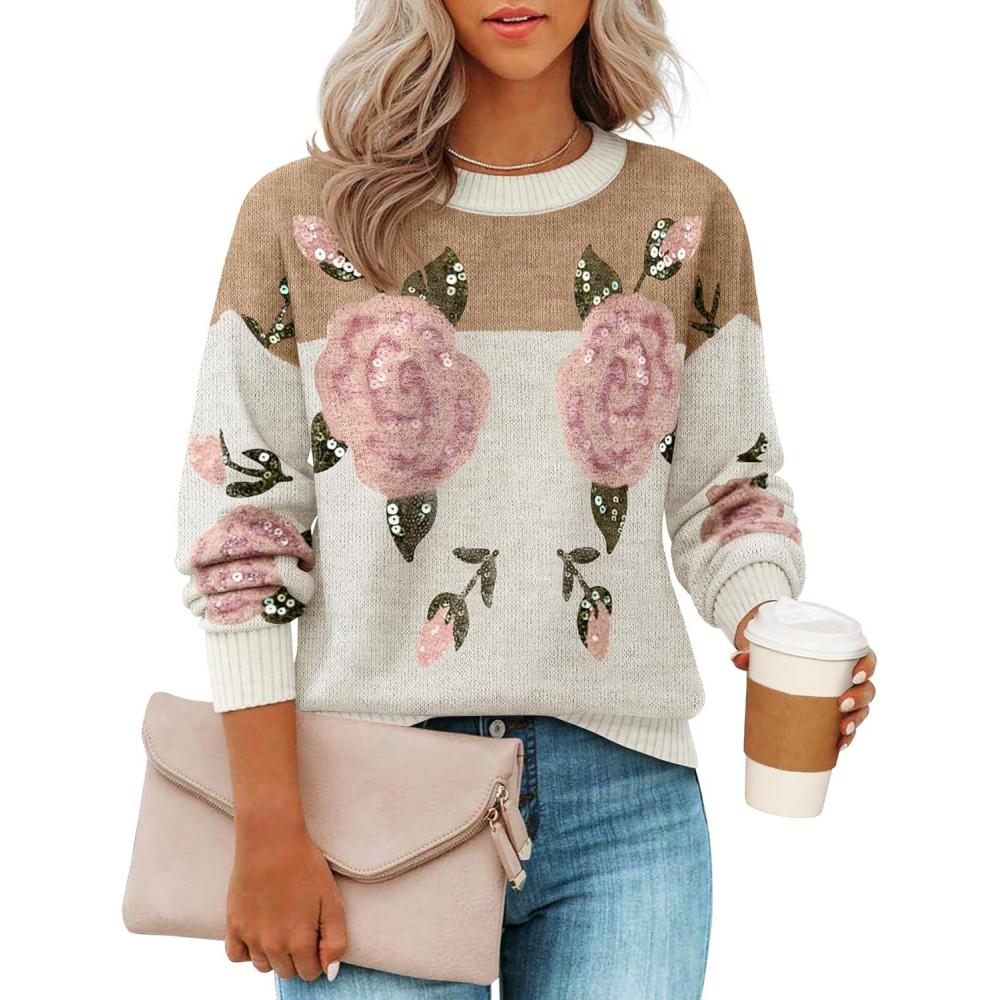 imageZESICA Womens Floral Oversized Sweaters 2026 Fall Crewneck Long Sleeve Casual Chunky Knit Pullover Sweater TopsKhaki