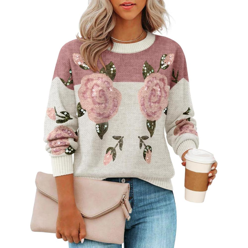 imageZESICA Womens Floral Oversized Sweaters 2026 Fall Crewneck Long Sleeve Casual Chunky Knit Pullover Sweater TopsPink