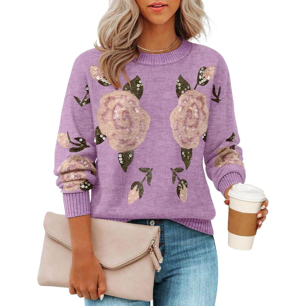 imageZESICA Womens Floral Oversized Sweaters 2026 Fall Crewneck Long Sleeve Casual Chunky Knit Pullover Sweater TopsPurple