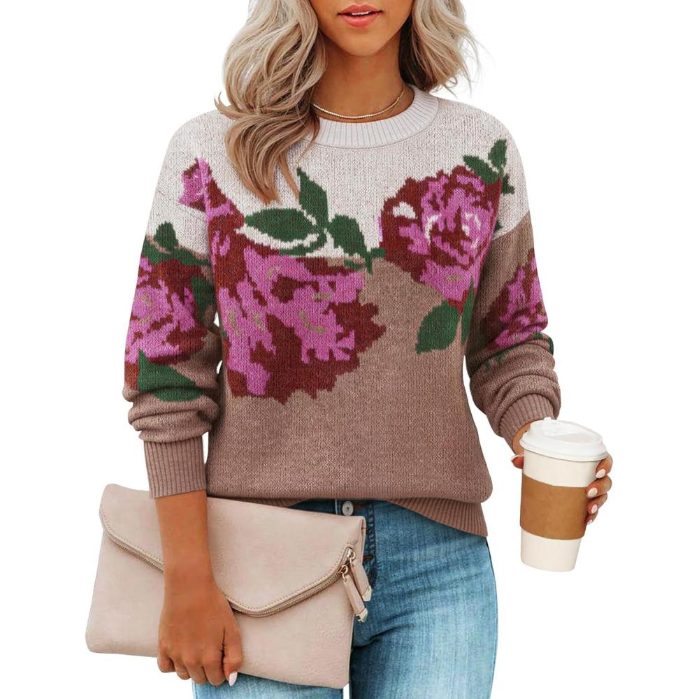 imageZESICA Womens Floral Oversized Sweaters 2026 Fall Crewneck Long Sleeve Casual Chunky Knit Pullover Sweater TopsRose Brown