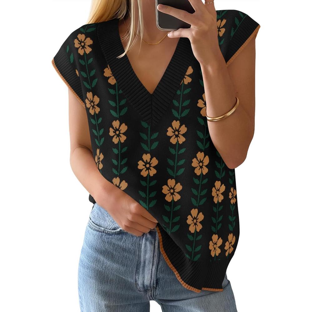 imageZESICA Womens Floral Sleeveless Sweater Vest 2026 Summer Oversized Cap Sleeve V Neck Loose Knit Tank Tops Casual OutfitsBlack
