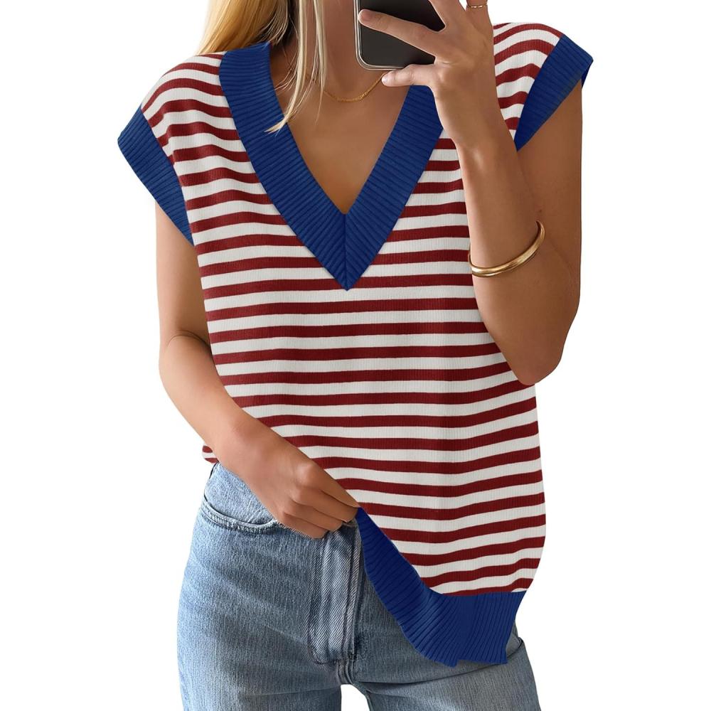 imageZESICA Womens Floral Sleeveless Sweater Vest 2026 Summer Oversized Cap Sleeve V Neck Loose Knit Tank Tops Casual OutfitsBlue