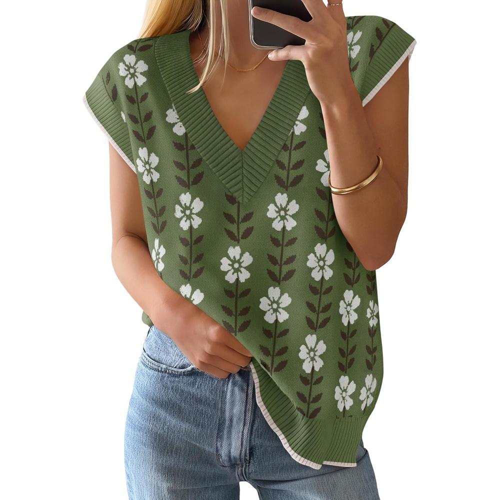 imageZESICA Womens Floral Sleeveless Sweater Vest 2026 Summer Oversized Cap Sleeve V Neck Loose Knit Tank Tops Casual OutfitsDustygreen