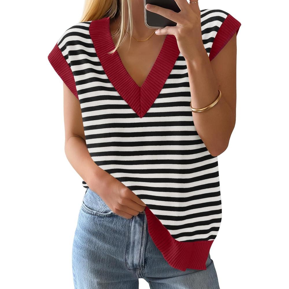 imageZESICA Womens Floral Sleeveless Sweater Vest 2026 Summer Oversized Cap Sleeve V Neck Loose Knit Tank Tops Casual OutfitsRed