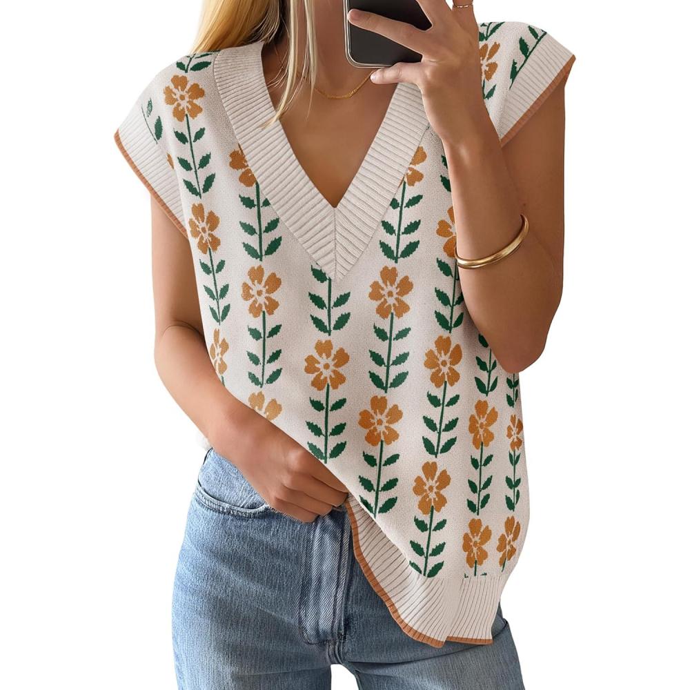 imageZESICA Womens Floral Sleeveless Sweater Vest 2026 Summer Oversized Cap Sleeve V Neck Loose Knit Tank Tops Casual OutfitsWhite