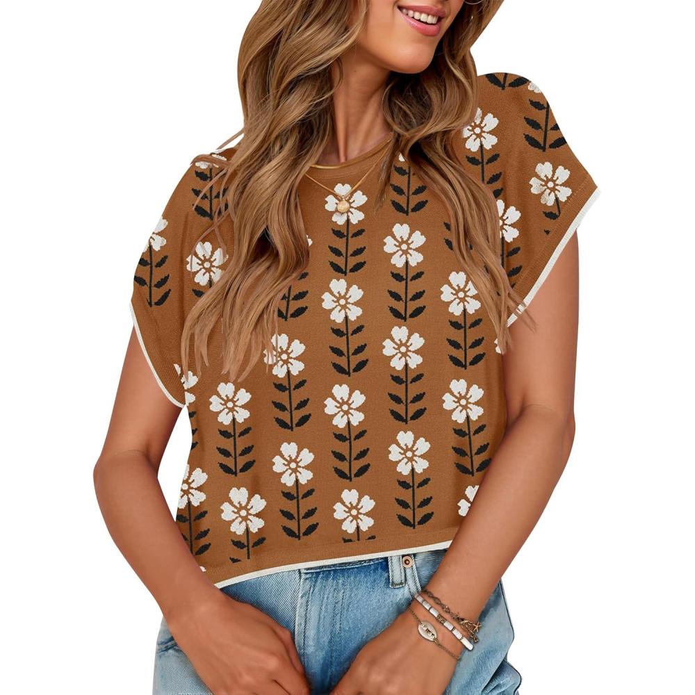 imageZESICA Womens Floral Sweater Vest Summer Short Sleeve Crew Neck Cute Loose Knit Tops 2026 Trendy Clothes OutfitsCaramel