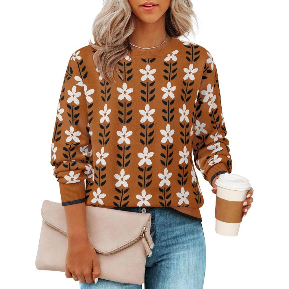 imageZESICA Womens Long Sleeve Crewneck Sweater 2026 Fall Printed Cute Oversized Knitted Pullover Tops Trendy ClothesCaramel