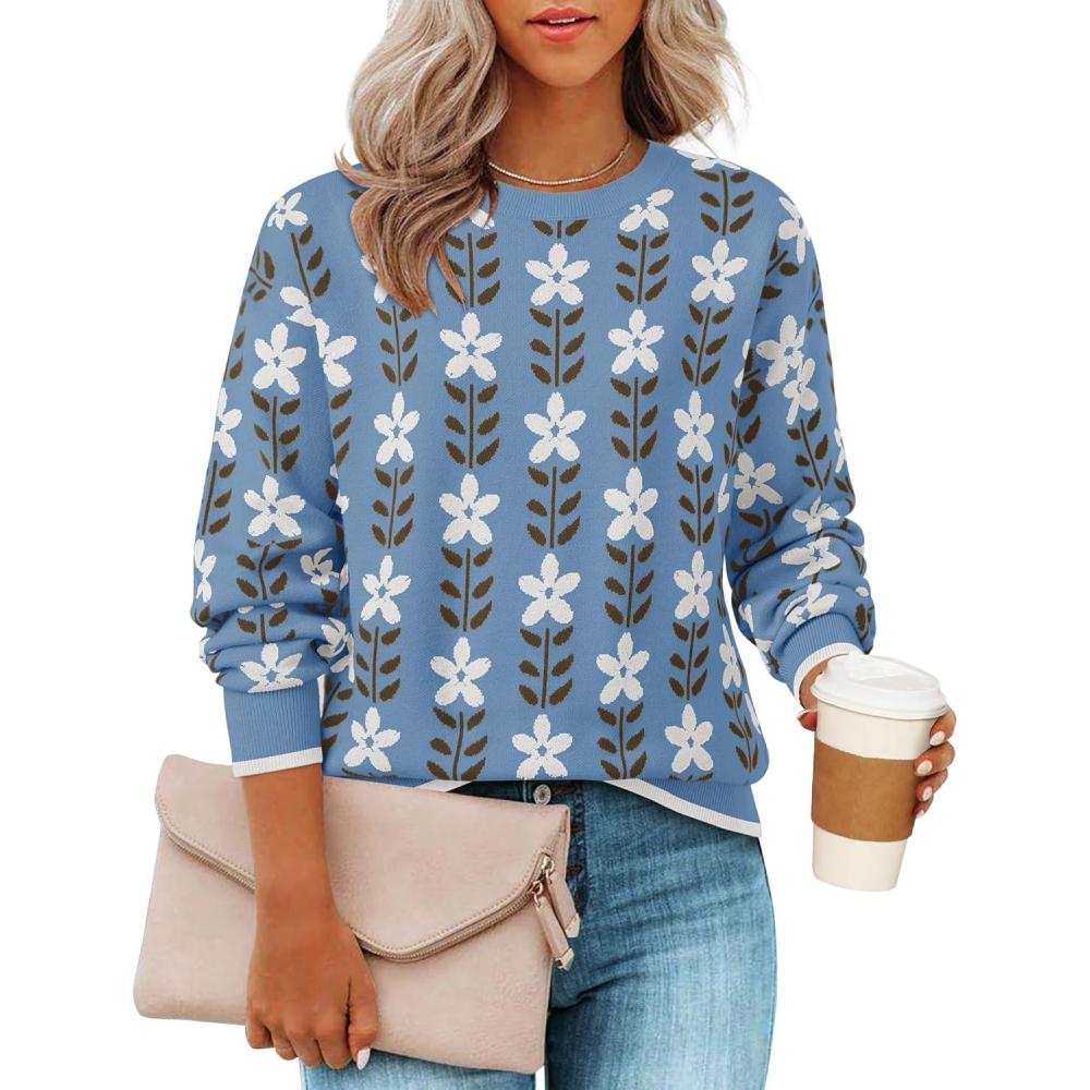 imageZESICA Womens Long Sleeve Crewneck Sweater 2026 Fall Printed Cute Oversized Knitted Pullover Tops Trendy ClothesDusty Blue