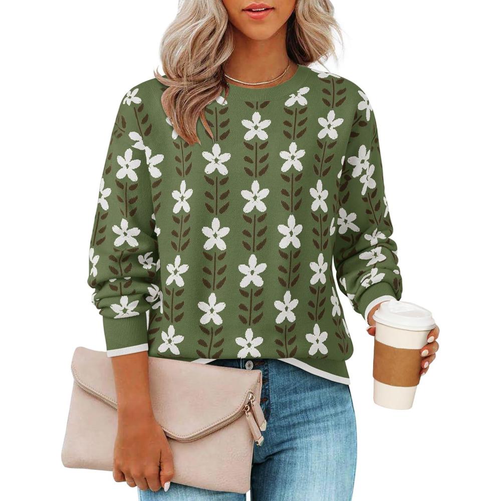 imageZESICA Womens Long Sleeve Crewneck Sweater 2026 Fall Printed Cute Oversized Knitted Pullover Tops Trendy ClothesDusty Green