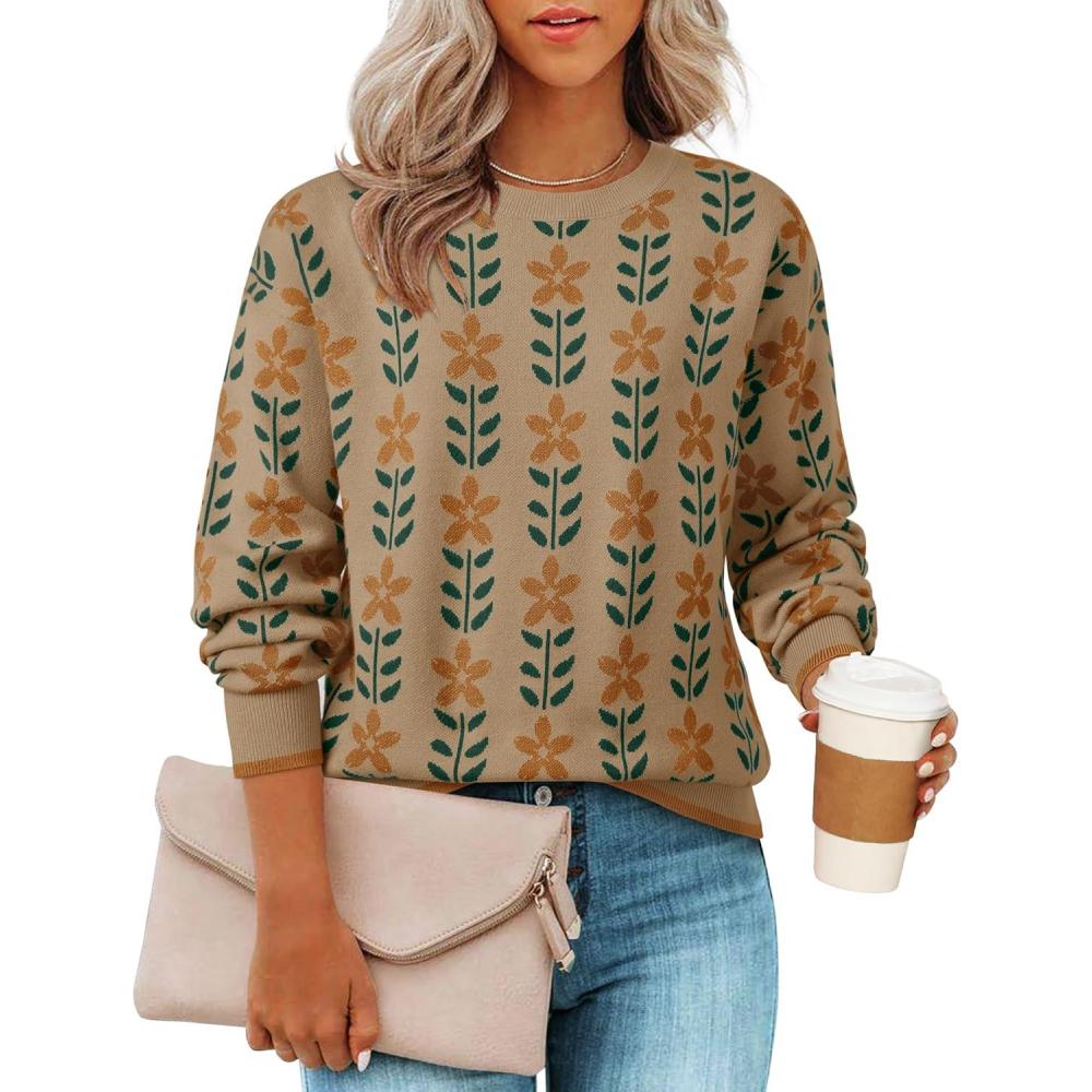 imageZESICA Womens Long Sleeve Crewneck Sweater 2026 Fall Printed Cute Oversized Knitted Pullover Tops Trendy ClothesKhaki