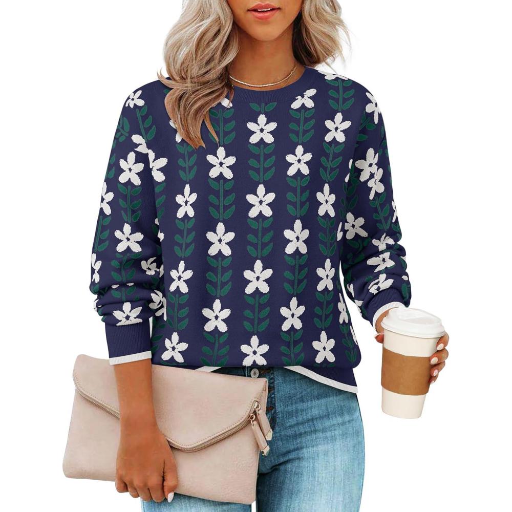 imageZESICA Womens Long Sleeve Crewneck Sweater 2026 Fall Printed Cute Oversized Knitted Pullover Tops Trendy ClothesNavy