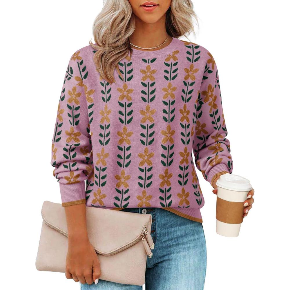 imageZESICA Womens Long Sleeve Crewneck Sweater 2026 Fall Printed Cute Oversized Knitted Pullover Tops Trendy ClothesPink
