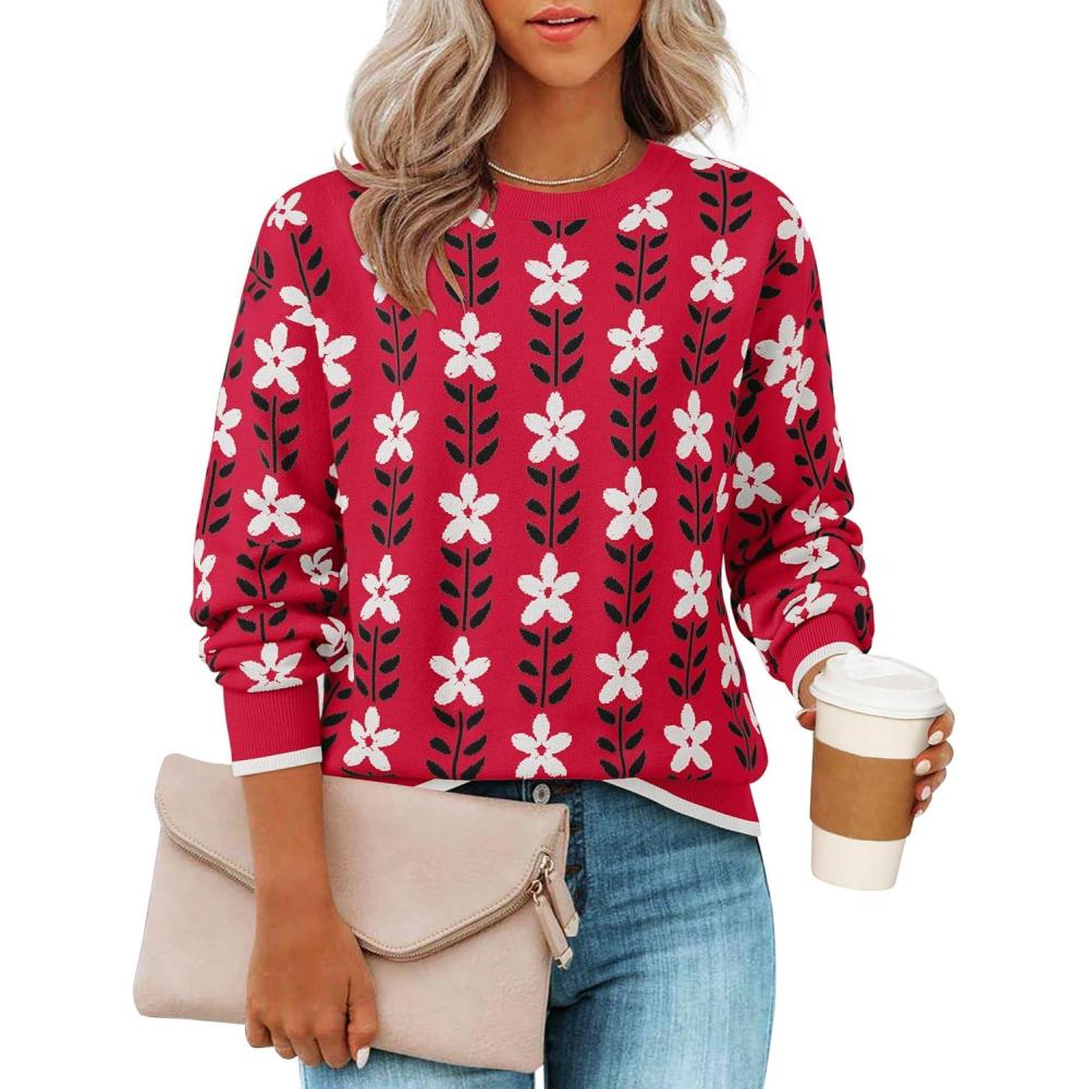 imageZESICA Womens Long Sleeve Crewneck Sweater 2026 Fall Printed Cute Oversized Knitted Pullover Tops Trendy ClothesRed