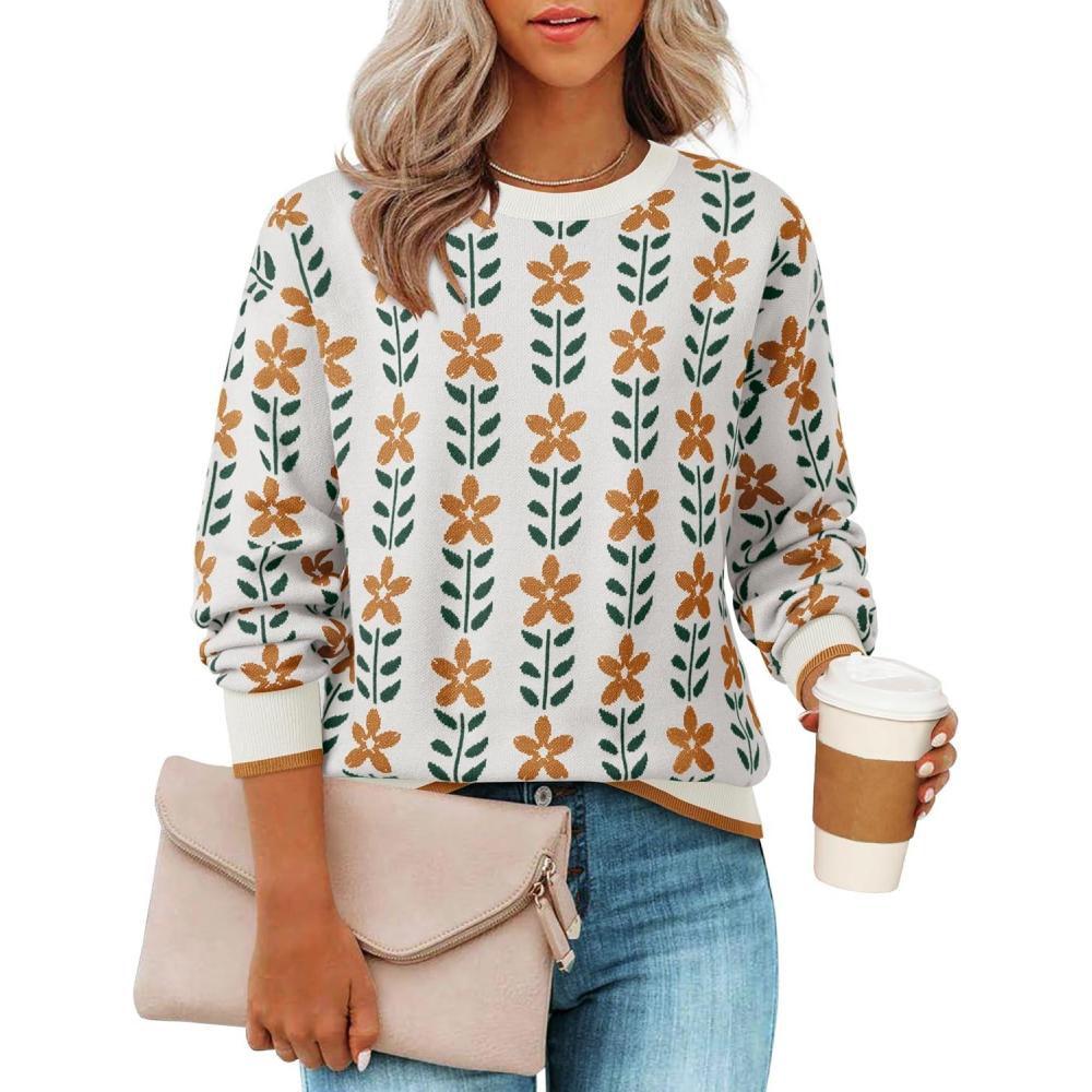 imageZESICA Womens Long Sleeve Crewneck Sweater 2026 Fall Printed Cute Oversized Knitted Pullover Tops Trendy ClothesWhite