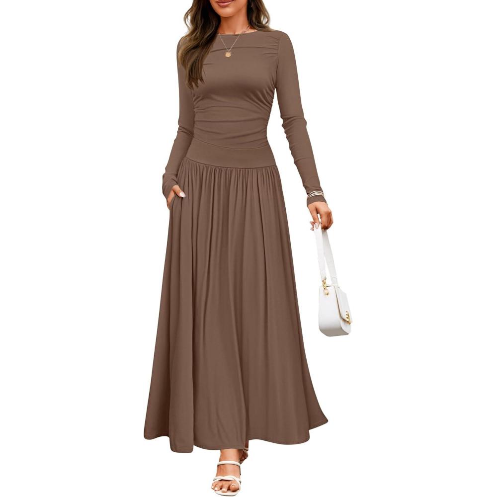 imageZESICA Womens Long Sleeve Fall Maxi Dress 2026 Crewneck Knit Casual Slim Swing Pleated Dresses with PocketsBrown