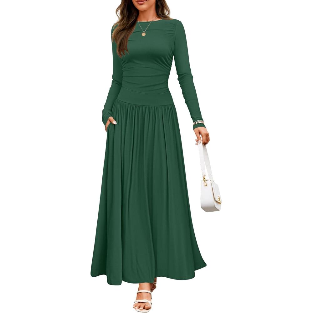 imageZESICA Womens Long Sleeve Fall Maxi Dress 2026 Crewneck Knit Casual Slim Swing Pleated Dresses with PocketsDark Green