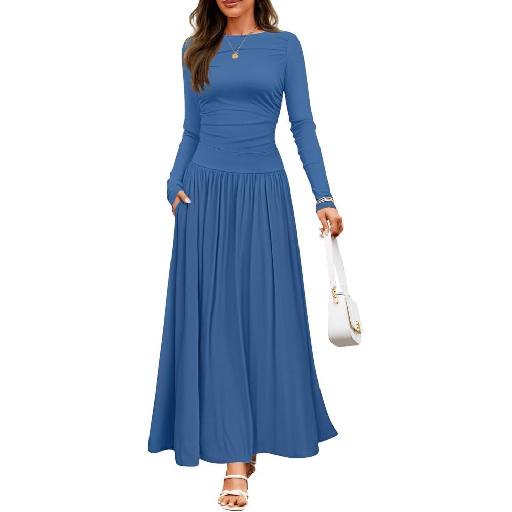 imageZESICA Womens Long Sleeve Fall Maxi Dress 2026 Crewneck Knit Casual Slim Swing Pleated Dresses with PocketsNavy