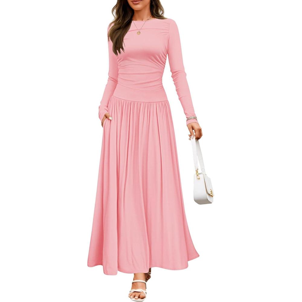 imageZESICA Womens Long Sleeve Fall Maxi Dress 2026 Crewneck Knit Casual Slim Swing Pleated Dresses with PocketsPink