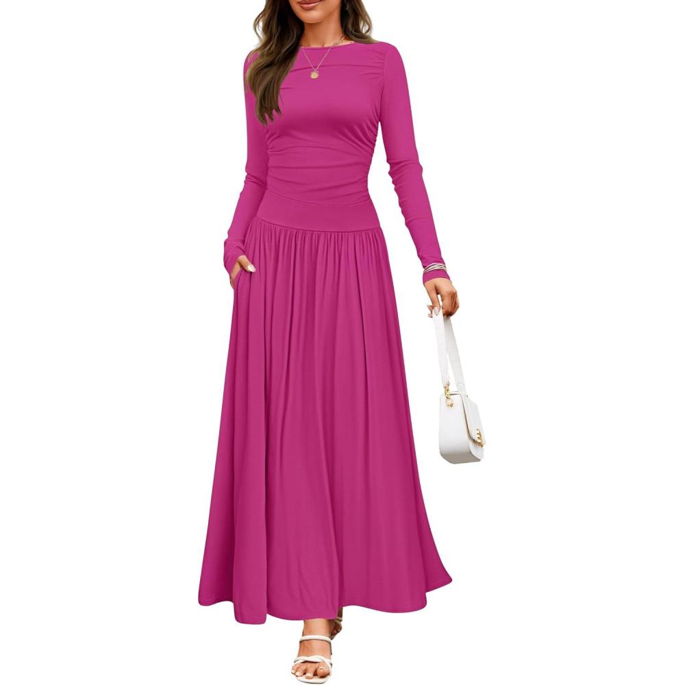 imageZESICA Womens Long Sleeve Fall Maxi Dress 2026 Crewneck Knit Casual Slim Swing Pleated Dresses with PocketsRose