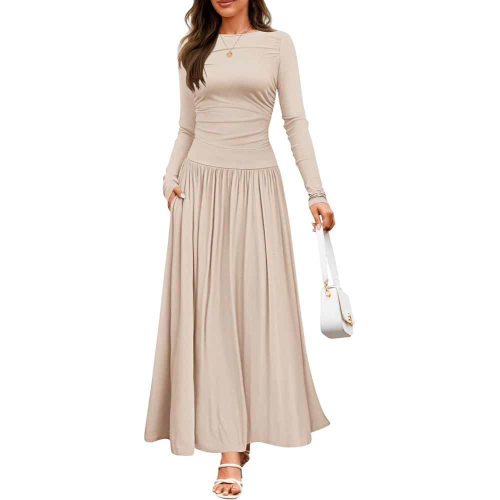 imageZESICA Womens Long Sleeve Fall Maxi Dress 2026 Crewneck Knit Casual Slim Swing Pleated Dresses with PocketsSand