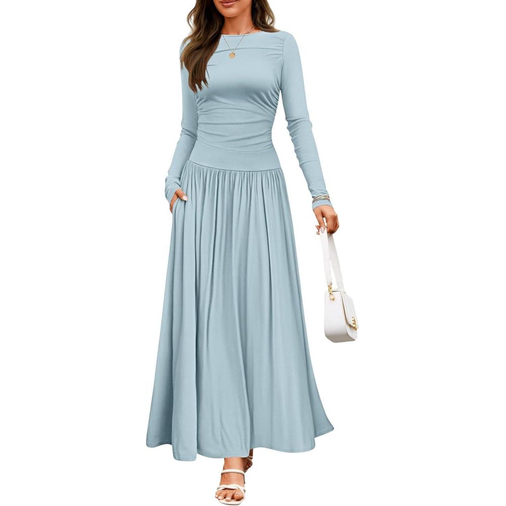 imageZESICA Womens Long Sleeve Fall Maxi Dress 2026 Crewneck Knit Casual Slim Swing Pleated Dresses with PocketsSky