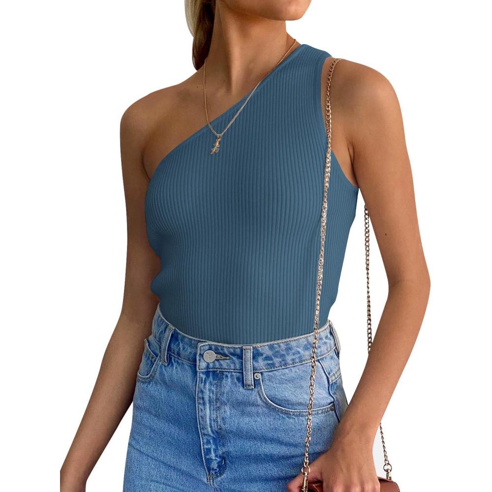 imageZESICA Womens One Shoulder Tank Summer Sleeveless T Shirt Ribbed Knit Slim Fit Sexy Casual Basic Tee TopsDarkblue