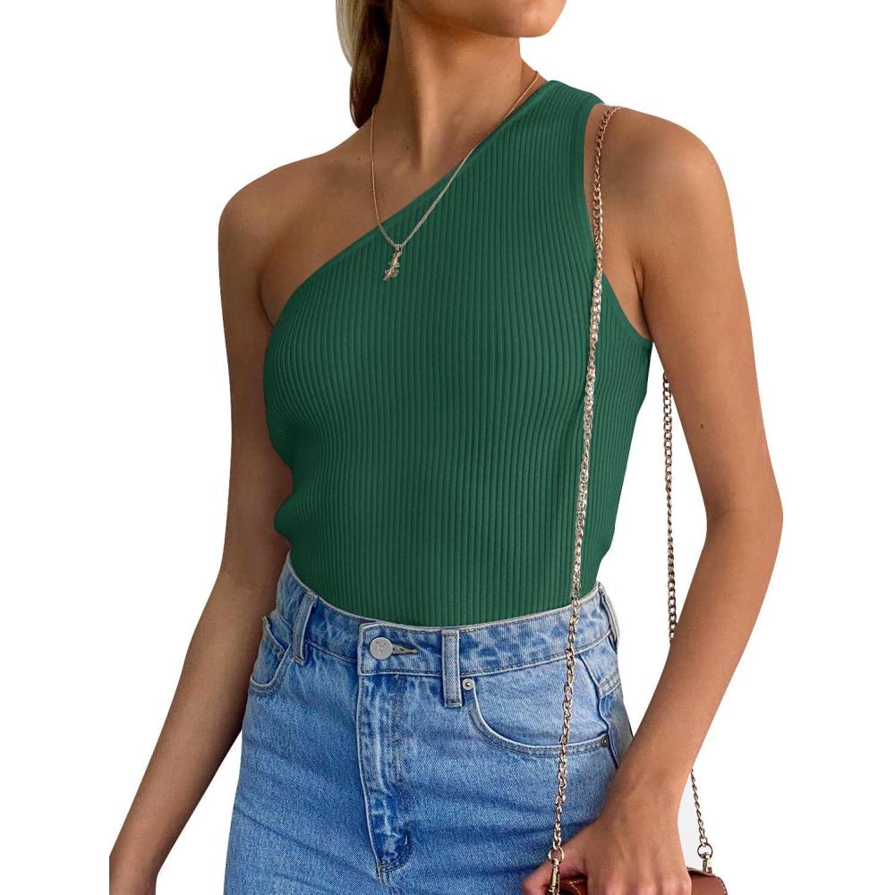 imageZESICA Womens One Shoulder Tank Summer Sleeveless T Shirt Ribbed Knit Slim Fit Sexy Casual Basic Tee TopsDarkgreen