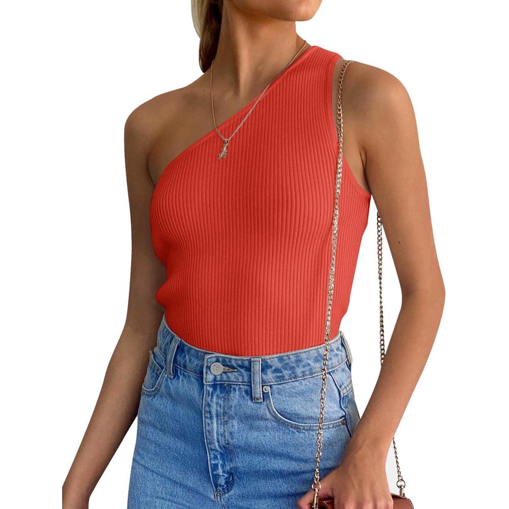 imageZESICA Womens One Shoulder Tank Summer Sleeveless T Shirt Ribbed Knit Slim Fit Sexy Casual Basic Tee TopsOrangered