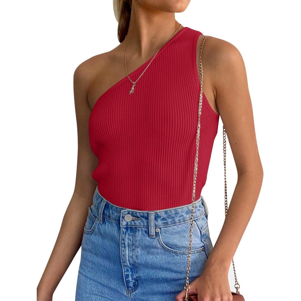 imageZESICA Womens One Shoulder Tank Summer Sleeveless T Shirt Ribbed Knit Slim Fit Sexy Casual Basic Tee TopsRed