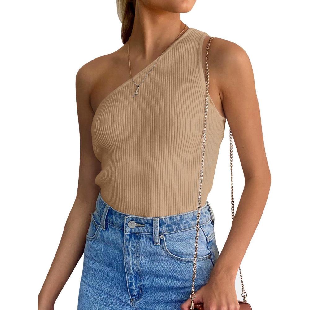 imageZESICA Womens One Shoulder Tank Summer Sleeveless T Shirt Ribbed Knit Slim Fit Sexy Casual Basic Tee TopsToffee