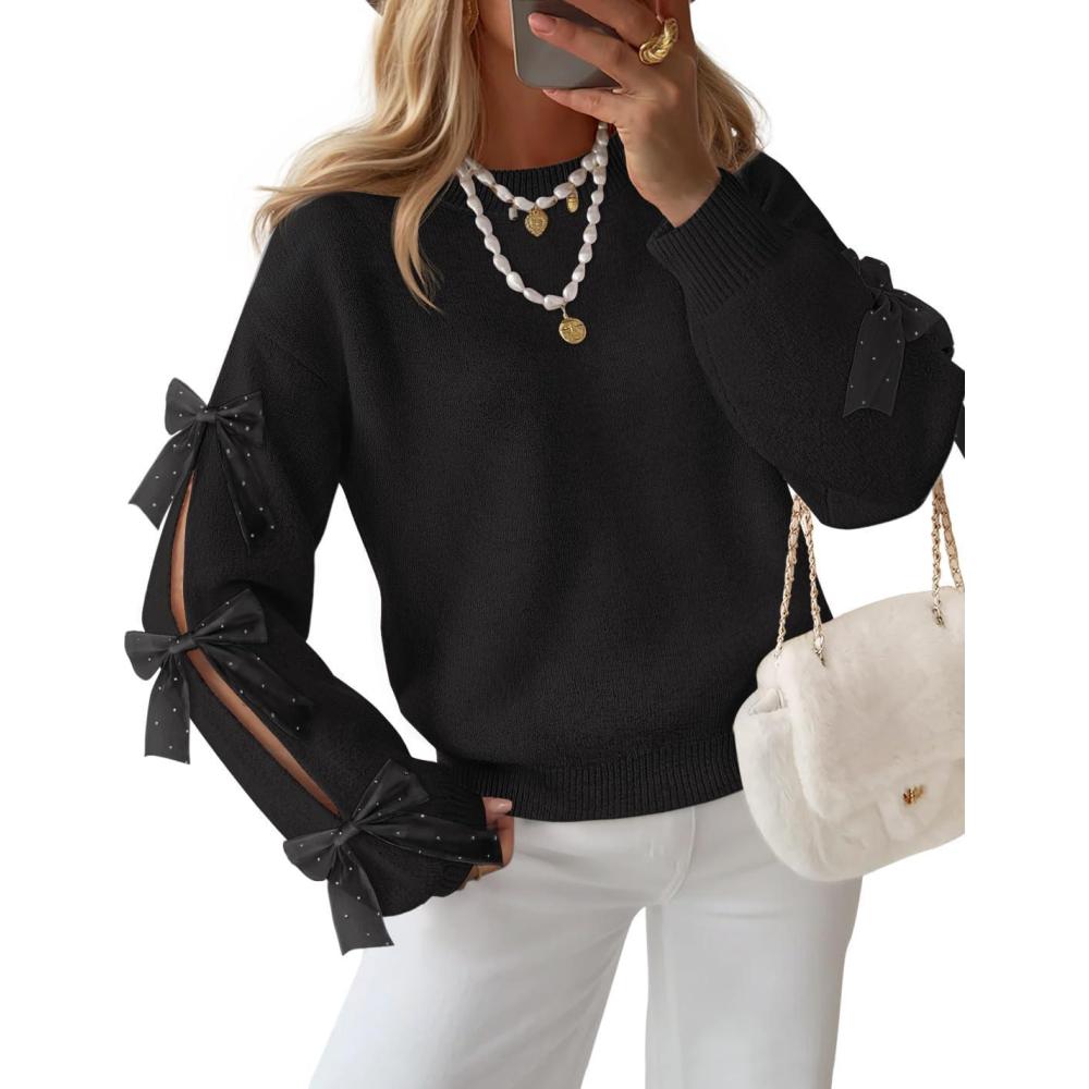 imageZESICA Womens Oversized Bow Sweaters Fall 2026 Cute Crewneck Long Sleeve Knit Pullover Sweater Jumper TopsBlack