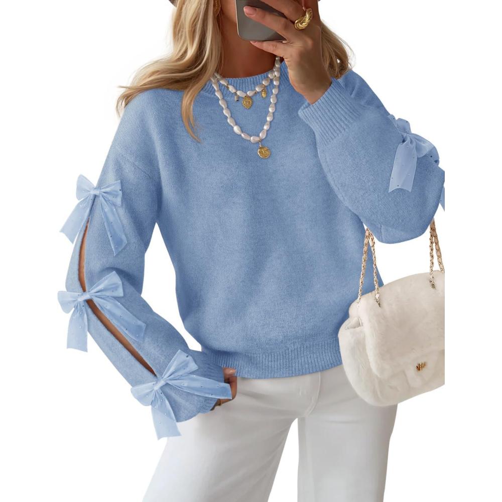 imageZESICA Womens Oversized Bow Sweaters Fall 2026 Cute Crewneck Long Sleeve Knit Pullover Sweater Jumper TopsBlue
