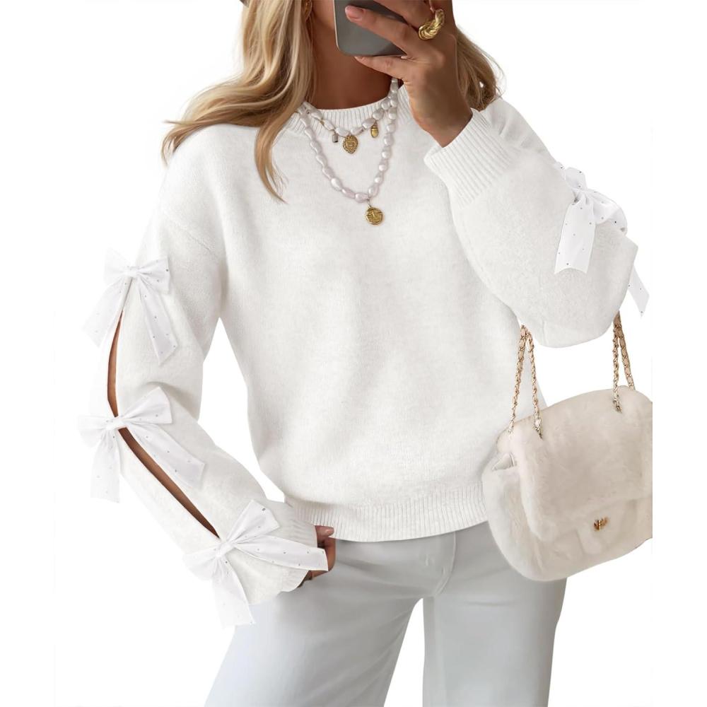 imageZESICA Womens Oversized Bow Sweaters Fall 2026 Cute Crewneck Long Sleeve Knit Pullover Sweater Jumper TopsWhite