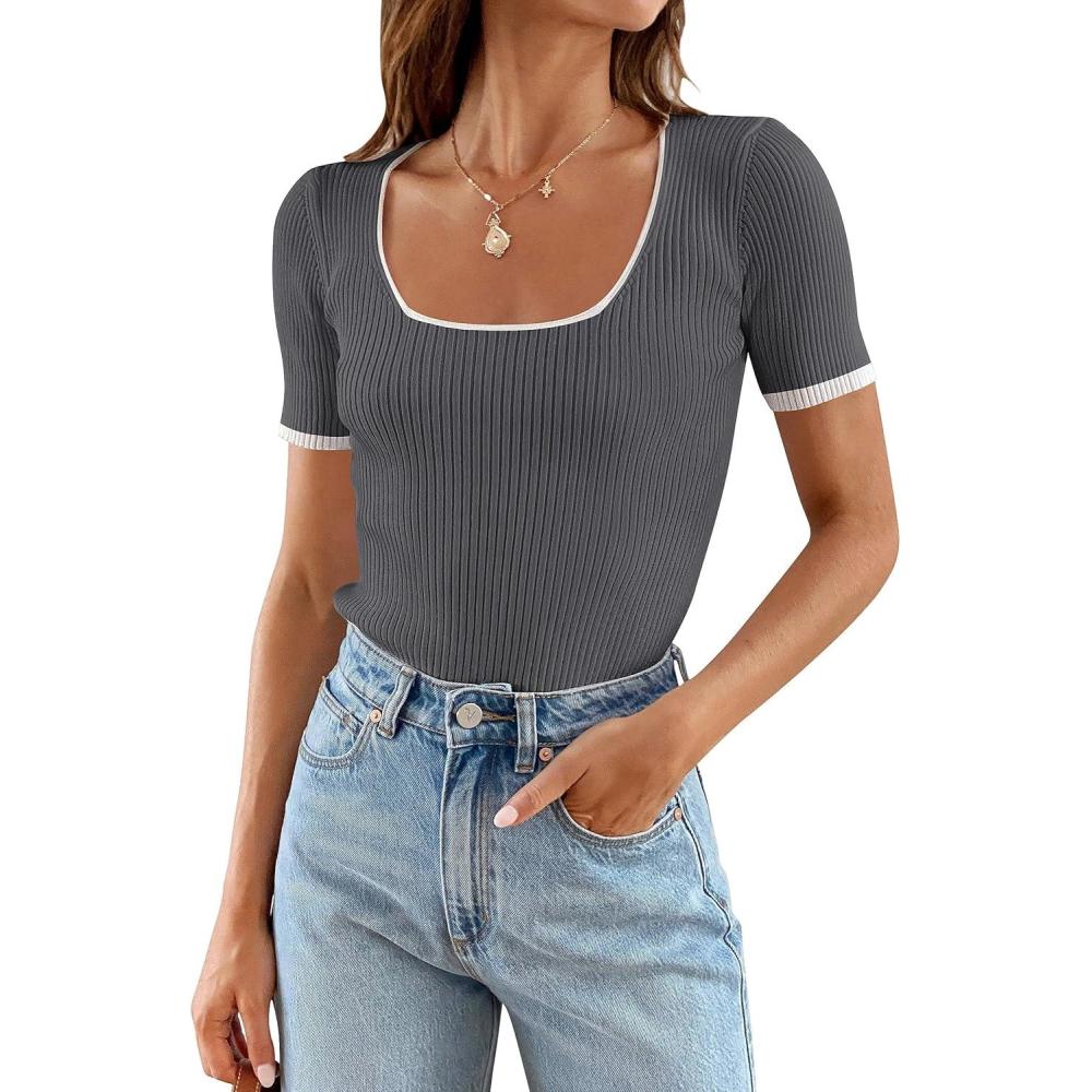imageZESICA Womens Short Sleeve Square Neck Color Block T Shirt 2026 Summer Slim Fit Ribbed Knit Basic Tee TopsDarkgrey