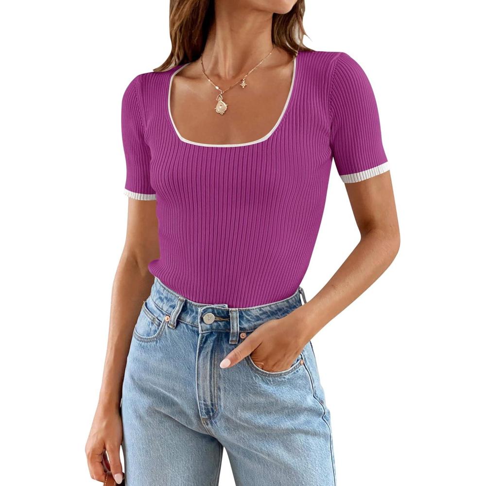 imageZESICA Womens Short Sleeve Square Neck Color Block T Shirt 2026 Summer Slim Fit Ribbed Knit Basic Tee TopsEggplant