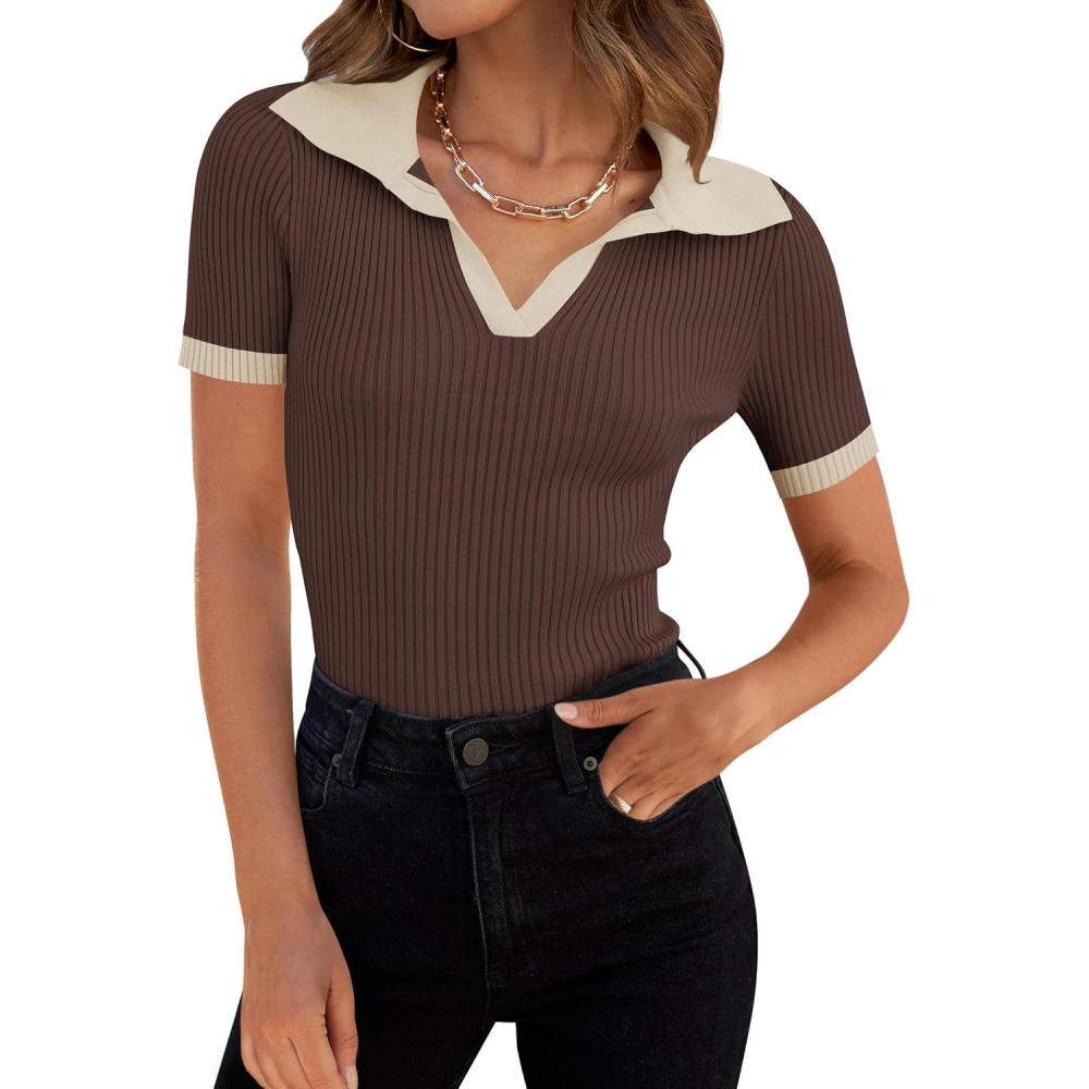 imageZESICA Womens Short Sleeve V Neck T Shirts 2026 Summer Ribbed Knit Slim Fitted Basic Solid Color Tee TopsCoffee