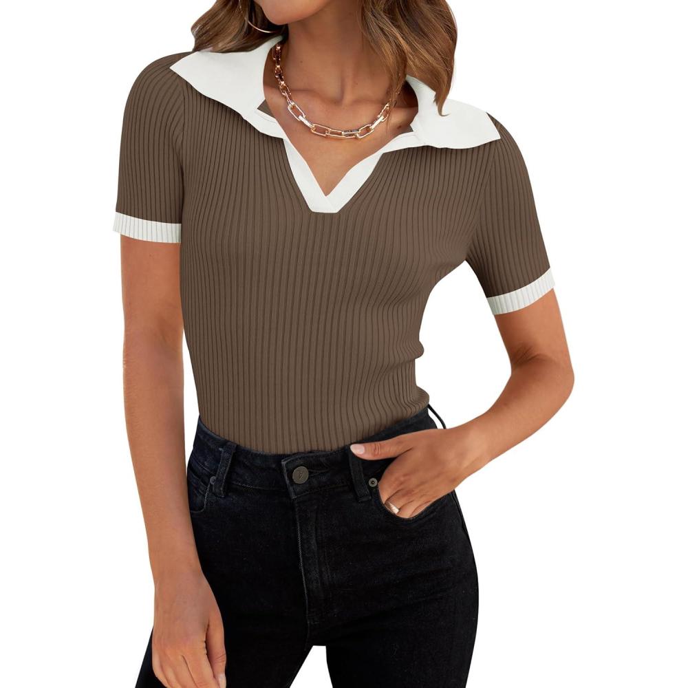imageZESICA Womens Short Sleeve V Neck T Shirts 2026 Summer Ribbed Knit Slim Fitted Basic Solid Color Tee TopsMocha